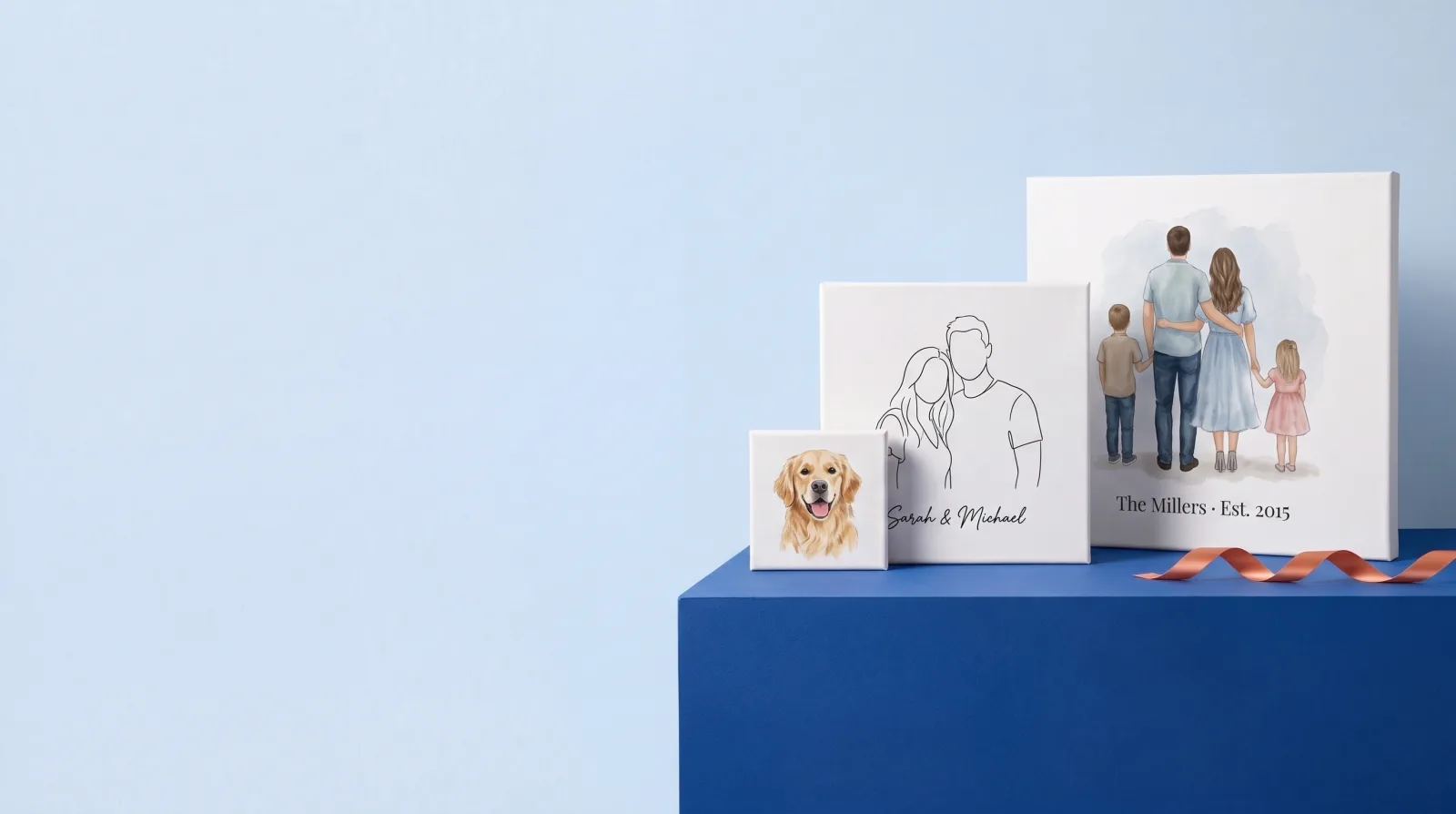 Three personalized canvases with a family portrait, a couple line drawing and a pet portrait